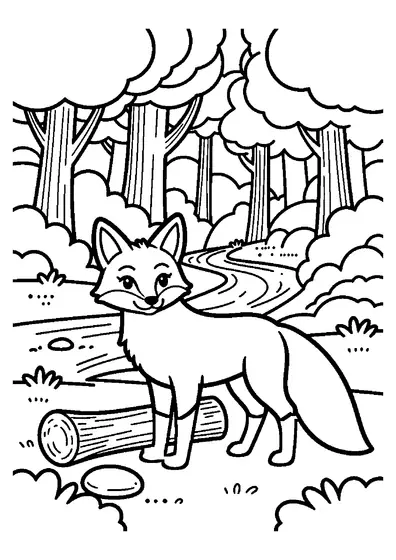 Un renard se tient près d’un tronc et d’une pierre, au bord d’un ruisseau entouré d’arbres et d’herbes.