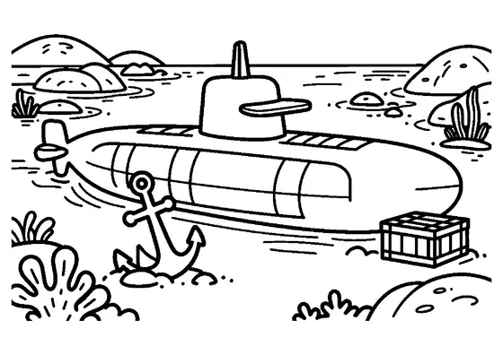A yellow submarine swimming past a coral reef with an anchor and chest.