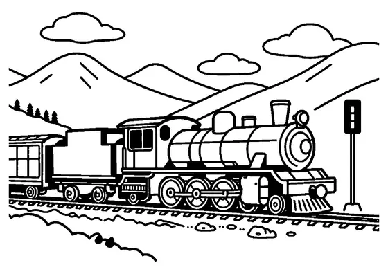 A steam train engine and carriage driving on a scenic mountain track.