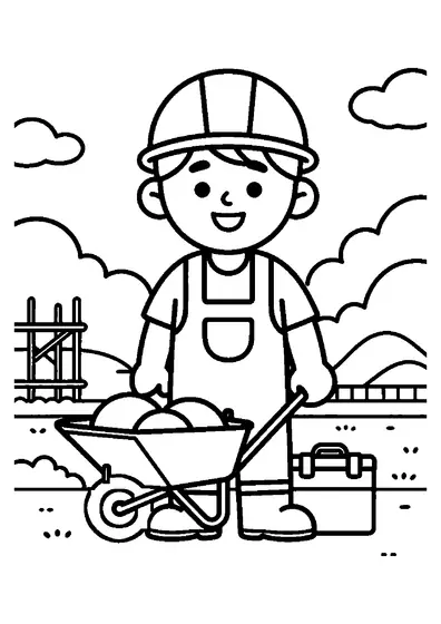 A smiling construction worker standing by a wheelbarrow and toolbox.