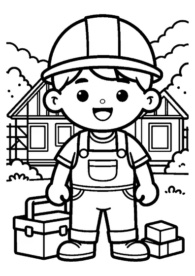 A young boy wearing a hard hat holding a hammer next to a toolbox.