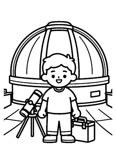 Un garçon se tient près d’un télescope sous la coupole d’un observatoire, avec un pupitre, des marches et une fente ouverte.
