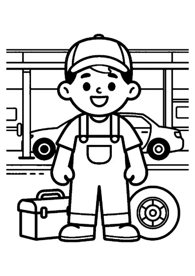 Ein junger Automechaniker steht neben einem Werkzeugkasten und einem Rad in der Werkstatt.