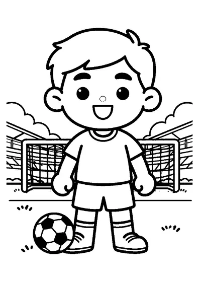 A young boy in sportswear standing calmly with a soccer ball and a water bottle.