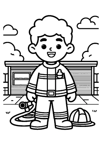 A smiling firefighter holding a hose in front of a fire station.