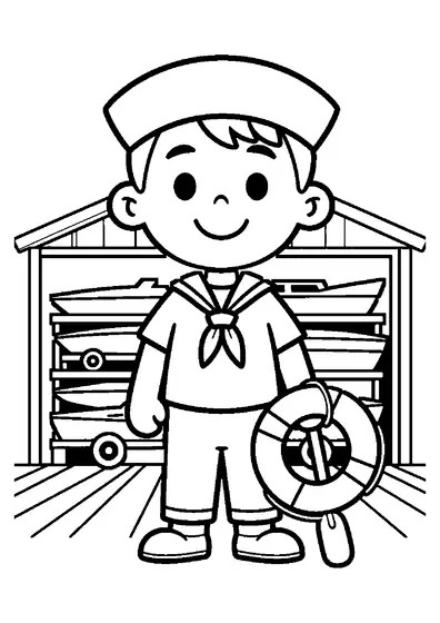 Um jovem velejador está de pé ao lado de um colete salva-vidas e remo dentro de um armazém de barcos.