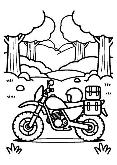 An off-road motorcycle parked next to a helmet and backpack on a forest trail.