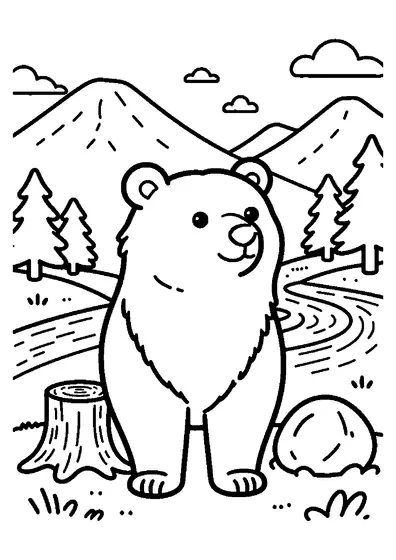 Un ours dessiné au trait se tient près d’un tronc et d’un rocher, au bord d’une rivière de montagne.