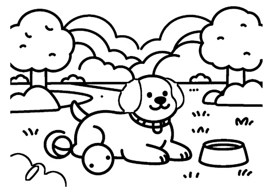 A dog lying next to a large ball and bowl in a park with trees.