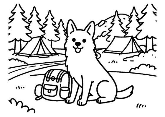 Ein Hund sitzt neben einem Zelt, einem Rucksack und einem zusammengerollten Schlafsack auf einem Waldzeltplatz.