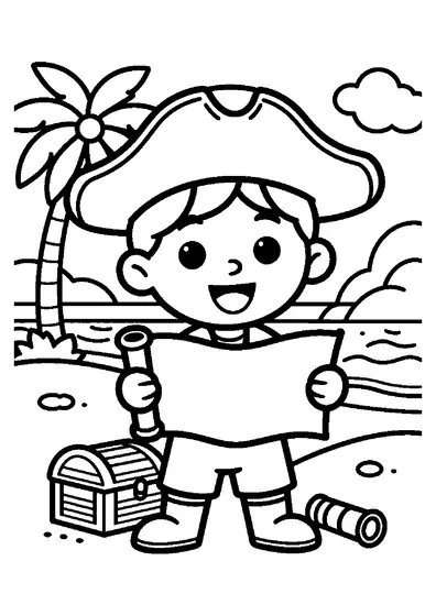 A young pirate holding a treasure map next to a treasure chest on a tropical beach with a palm tree.