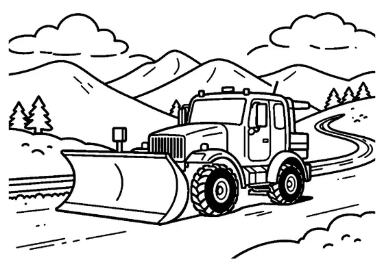 Un camion chasse-neige se tient sur une route enneigée, au milieu des montagnes et des sapins.