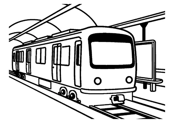 Une rame de métro est à l’arrêt le long d’un quai souterrain avec un banc, un tunnel et des escaliers.