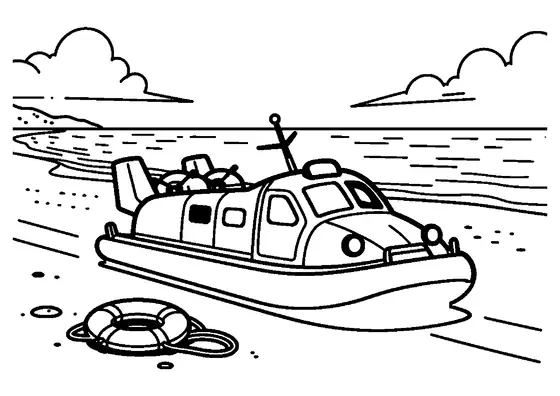 Un aéroglisseur de sauvetage avec une bouée, sur une plage au bord de la mer.