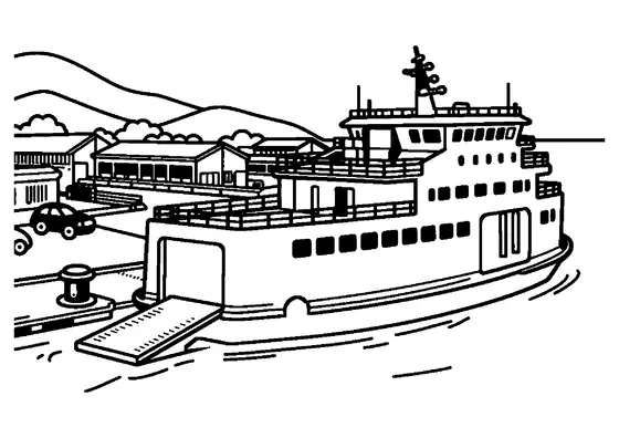 Un ferry à passagers approche du terminal d’une île avec une rampe, des jetées et des bâtiments bas.