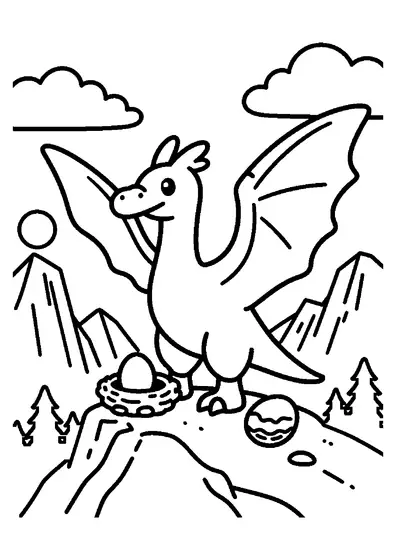 A pterodactyl standing on a rocky mountain peak with spread wings.