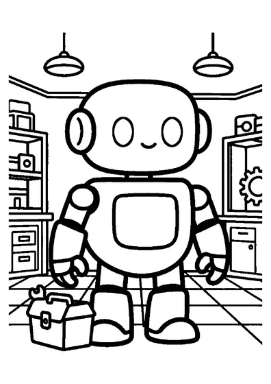 Ein freundlicher Roboter steht in einer Werkstatt neben einem Werkzeugkasten.