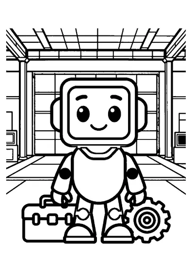 Un grand robot de maintenance se tient près d’une caisse à outils et d’une roue dentée dans un hangar.