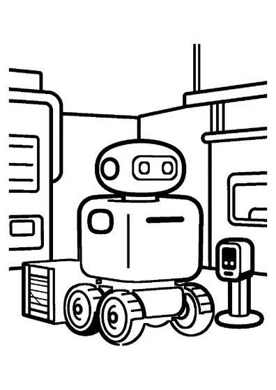 Un robot de transport déplace une caisse dans le couloir d’une usine moderne.