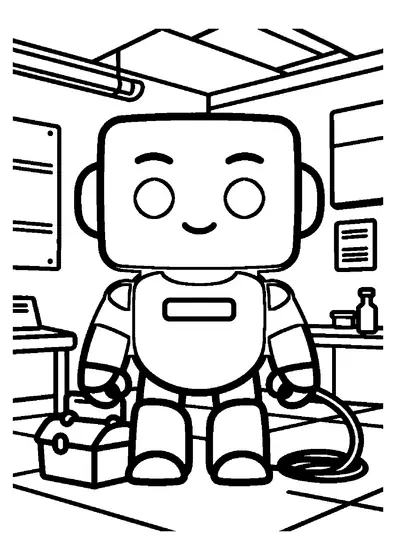 A friendly robot standing next to a toolbox and cable in a workshop.