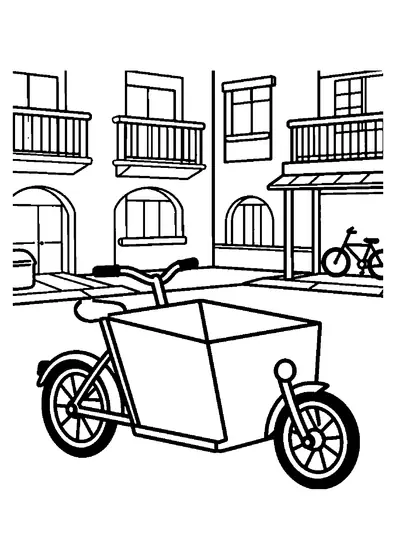 Ein großes Lastenrad mit Transportbox steht neben Paketen in einem städtischen Innenhof.