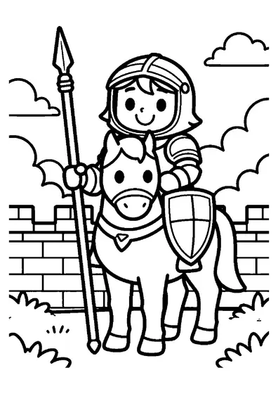 Ein tapferer Ritter hält zu Pferd eine Lanze vor den Mauern einer Burg.