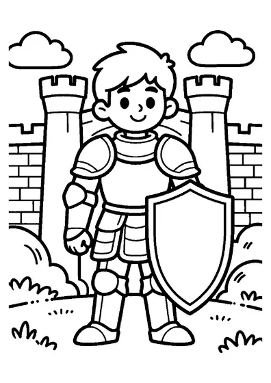 A smiling knight standing with a shield and helmet before a castle.