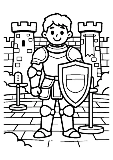 Un chevalier en armure, muni d’un bouclier et d’une épée, dans la cour d’un château.