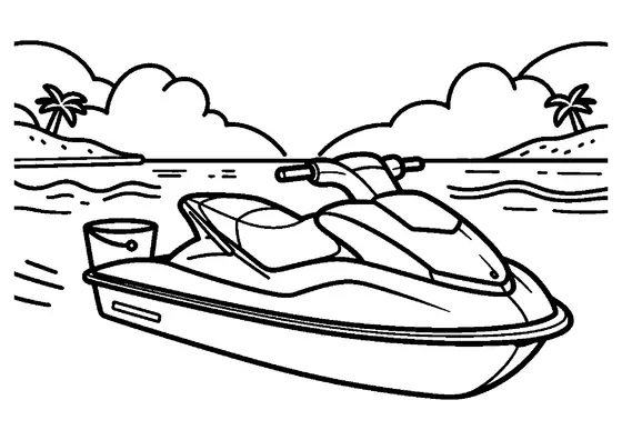 Un jet-ski repose près d’une planche de sauvetage sur une plage de sable.