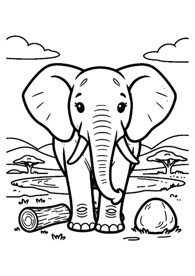 Un grand éléphant se tient près d’un tronc et d’un rocher, au bord d’un point d’eau dans la savane.