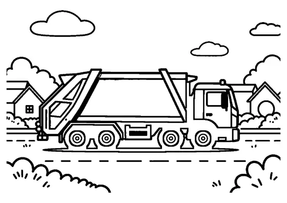 A garbage truck parked next to a trash can on a wide neighborhood street between houses and trees.