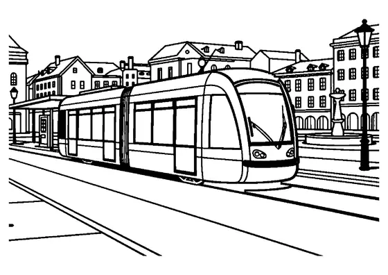 Un grand tramway traverse la place historique de la vieille ville, avec une fontaine, des maisons anciennes et des rails.