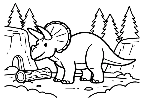Un tricératops devant des rochers et l’entrée d’une grotte en forêt.
