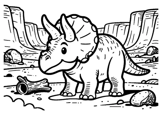 Ein Triceratops steht in einer weiten Schlucht neben einem umgestürzten Baumstamm und einem großen Felsen.