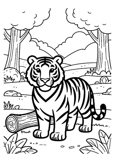 Un tigre se tient près d’un tronc renversé et de grandes feuilles, sur un large sentier.