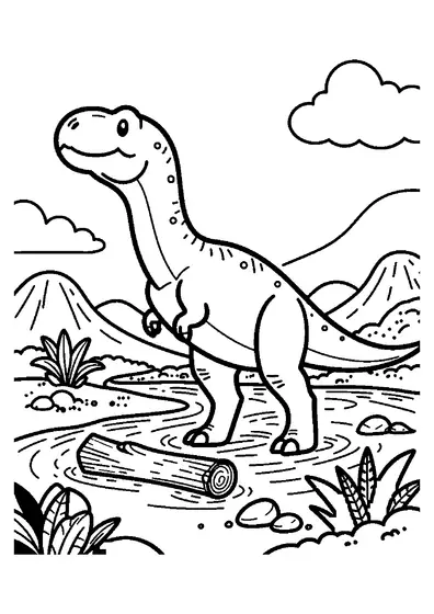 Tyrannosaure près d’un tronc et de grandes fougères, au bord d’une rivière préhistorique.
