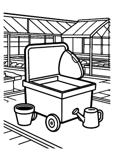 Un petit chariot de transport se trouve dans une serre, près d’un pot, d’un arrosoir et de tables couvertes de plantes.