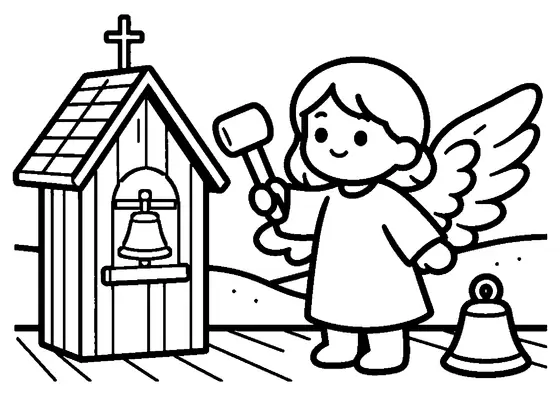 Un ange aux longs cheveux ondulés se tenant sur un clocher en bois, à côté d’une grande cloche.
