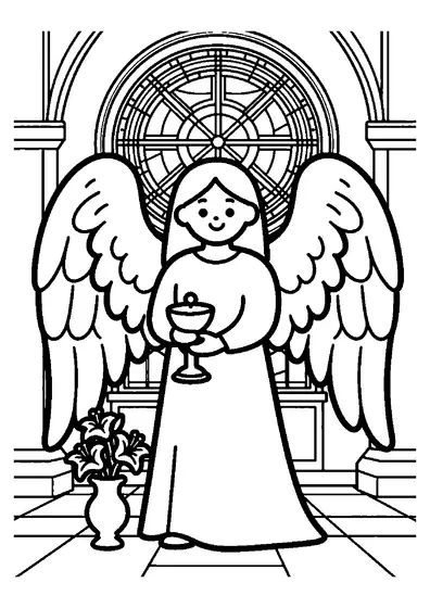 Un ángel con grandes alas está ante una colorida vidriera en el templo.