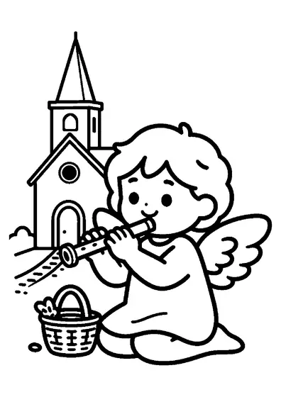 Un angelito con alas pequeñas toca la flauta junto a una iglesia rural.