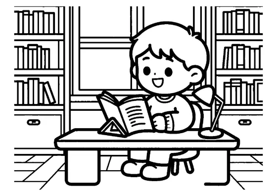 Un băiat stă la o masă de lemn și citește într-o bibliotecă parohială plină cu cărți.