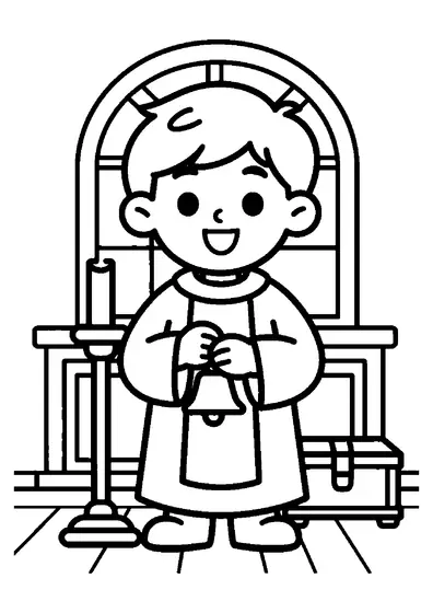 Un băiat în veșminte liturgice ține un clopoțel într-o sacristie tradițională de biserică.
