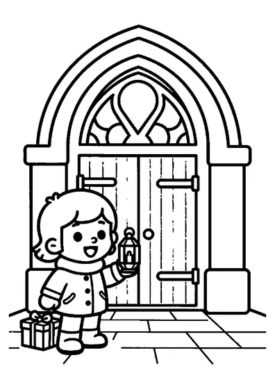 Junge im Wintermantel mit einer Roratelaterne vor dem verzierten Portal einer Kirche.