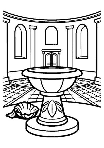Ein steinernes Taufbecken mit breiter Schale steht in der Mitte eines runden Baptisteriums.