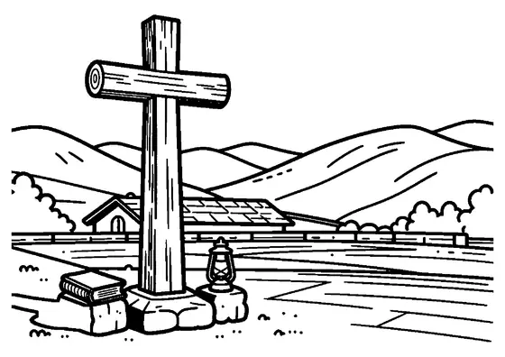 Ein großes Holzkreuz steht auf einer Steinterrasse mit Blick auf ein Tal und eine Kapelle.