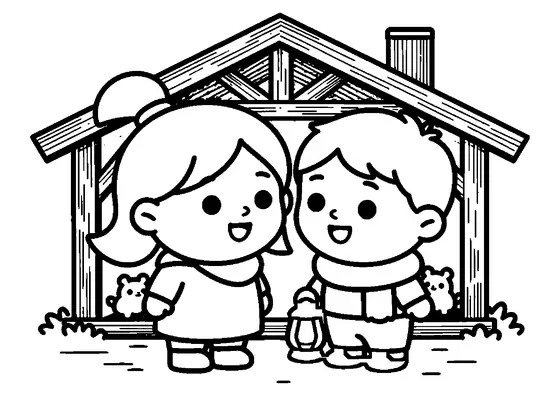 Una niña y un niño observan un belén navideño de madera.