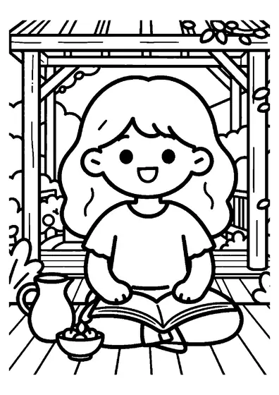 Ein Mädchen sitzt in einem Gartenpavillon und liest ein reich verziertes Buch.