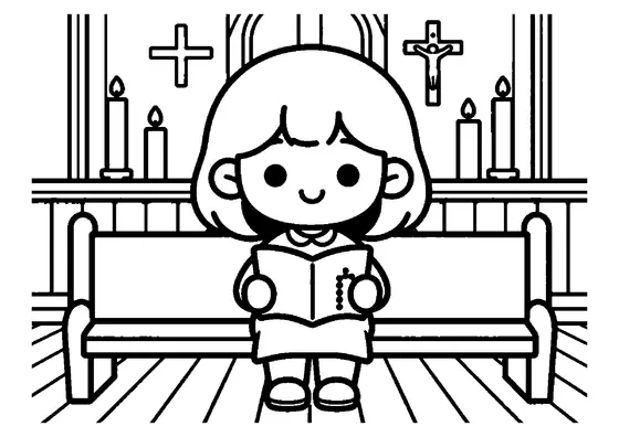 Una niña se sienta en un banco de madera de la iglesia con un librito abierto.
