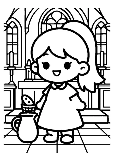 Une fille avec une queue-de-cheval portant une corbeille de pain et une cruche près de l’autel d’une église.
