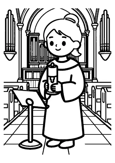 Ein Mädchen geht mit einer brennenden Kerze durch das Kirchenschiff in Richtung des Chors.